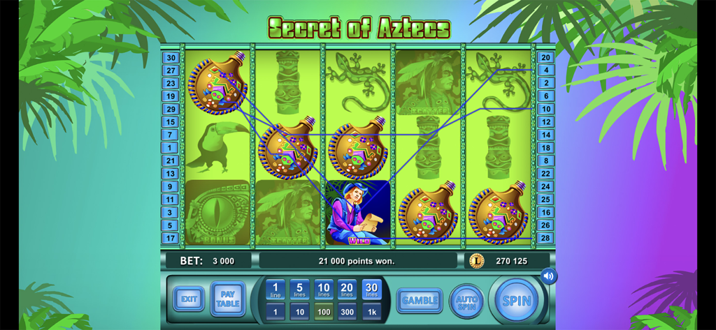 LiveGames Slots - Gameplay screen of Secret of Aztecs slot machine in the LiveGames Slots app showing a winning spin