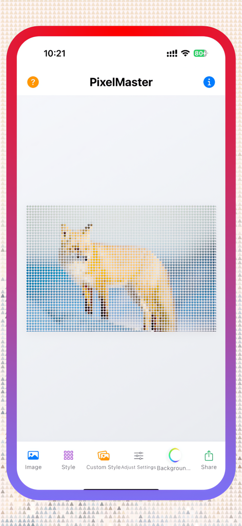 Oberfläche der PixelMaster-App, die ein Fuchs-Foto zeigt, das in sternförmige Pixel-Art umgewandelt wurde
