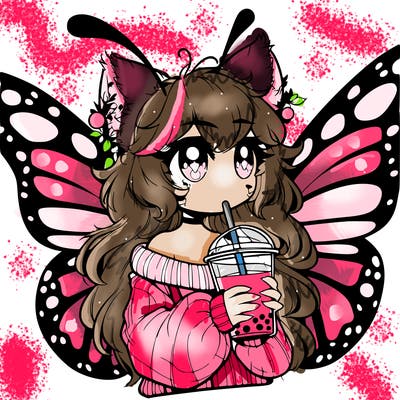 a realistic butterfly/furry girl drinking boba