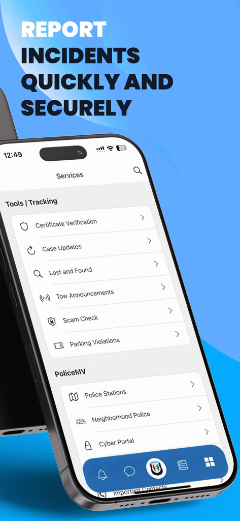 PoliceMV app services menu for reporting incidents and checking case updates