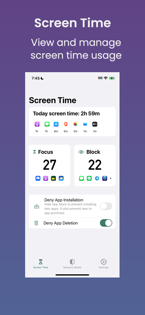 OmniLock - Interface of OmniLock app showing daily screen time tracking with focus and block statistics
