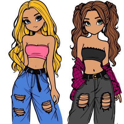2 girls in crop tops and baggy jeans ripped