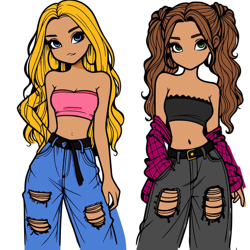 2 girls in crop tops and baggy jeans ripped