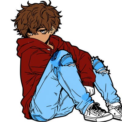 a male hoddie ripped jeans messy hair anime
