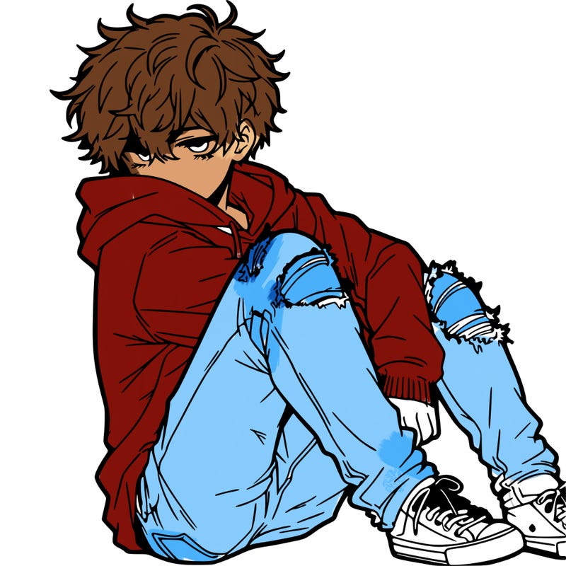 a male hoddie ripped jeans messy hair anime