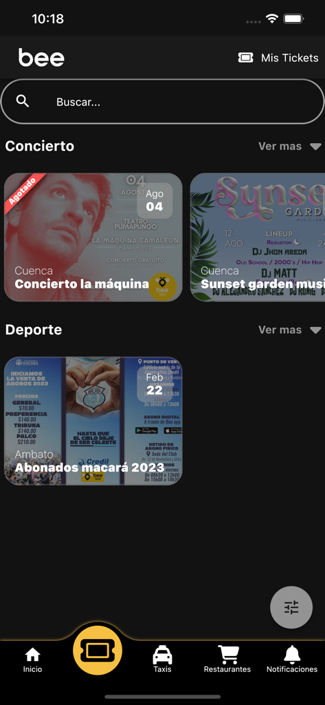 Bee App Ecuador - Bee App Ecuador mobile interface showing concert and sports event ticket categories