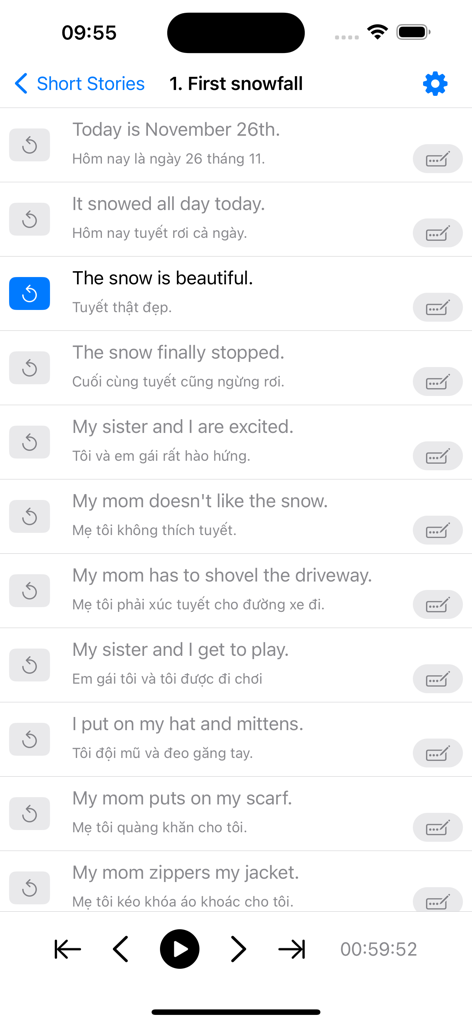 Daily Dictation English - ベトナム語の翻訳付きの英語の短い物語のレッスンを示すDaily Dictation Englishアプリインターフェイス