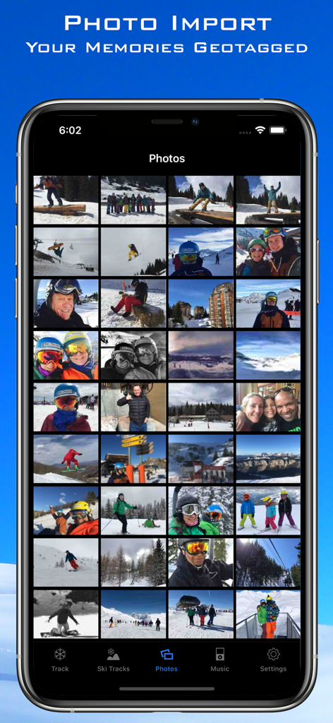 Ski Tracks - Smartphone displaying a grid of geotagged ski and snowboard photos in the Ski Tracks app