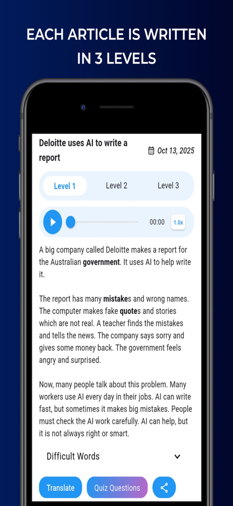 English News in Levels - Interface of English News in Levels app showing a news article with three difficulty levels and audio playback.