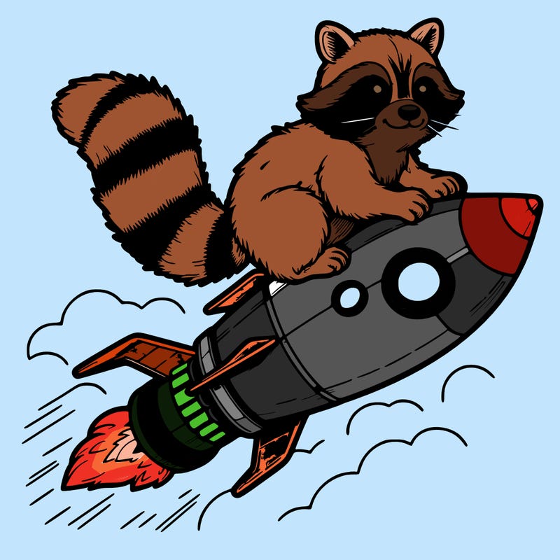 realistic raccoon flying on top rocket ship