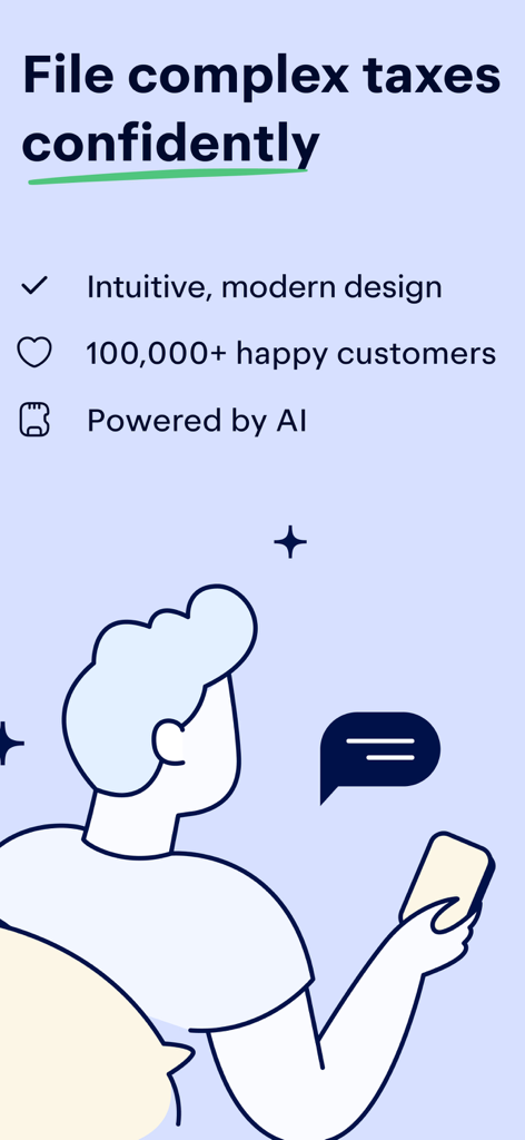 Keeper tax app promotional screen highlighting AI-powered complex tax filing and modern design