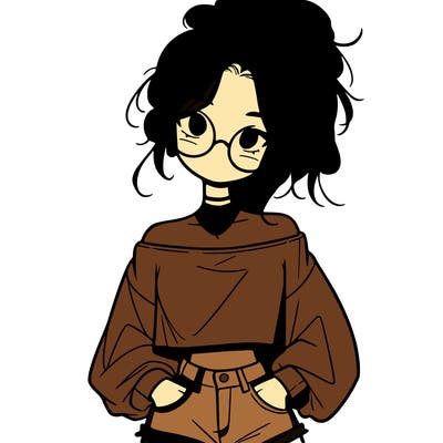 girl with a messy ponytail glasses a baggy crop top and jean shorts