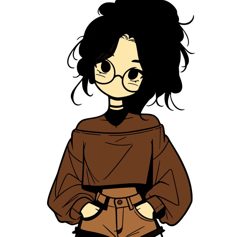 girl with a messy ponytail glasses a baggy crop top and jean shorts