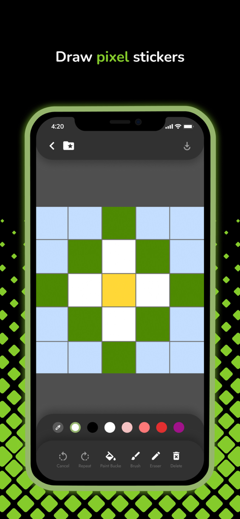 Sticker Maker for Messenger - Una interfaz de aplicación móvil para dibujar stickers de pixel art con un diseño de flor y herramientas creativas