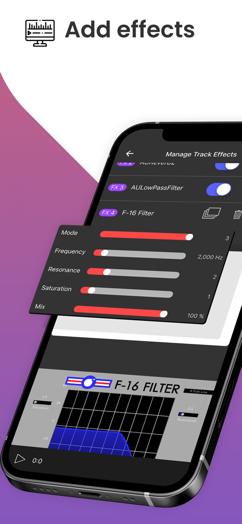 Tize: Music & Beat Maker - Smartphone screen showing the Tize music app interface with audio track effects and filter control settings