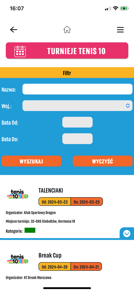 PZT - Polish Tennis Association app screen showing search filters for youth tournaments