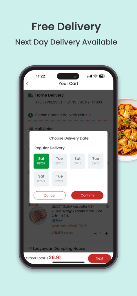 FreshGoGo Asian Grocery & Food - FreshGoGo app screen showing the checkout cart and a popup to choose a delivery date for Asian groceries.
