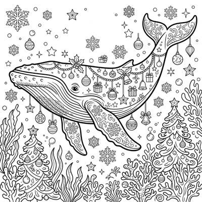 Embark on a magical underwater Christmas adventure with this stunning baleen whale coloring page. Festooned with holiday decorations, this detailed design offers a unique blend of marine wonder and festive cheer.