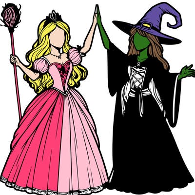 detailed realistic split of a princess and a witch