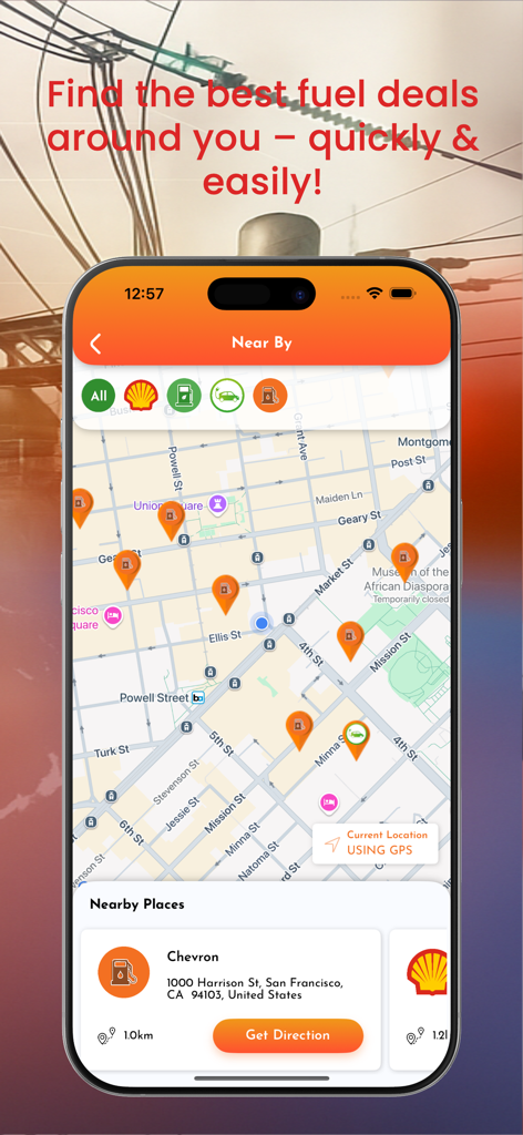 Fuel Price & Station Finder - Interface cartographique de l'application Prix du Carburant et Localisateur de Stations montrant les stations-service à proximité à San Francisco avec une carte détaillée d'une station Chevron et un bouton d'itinéraire