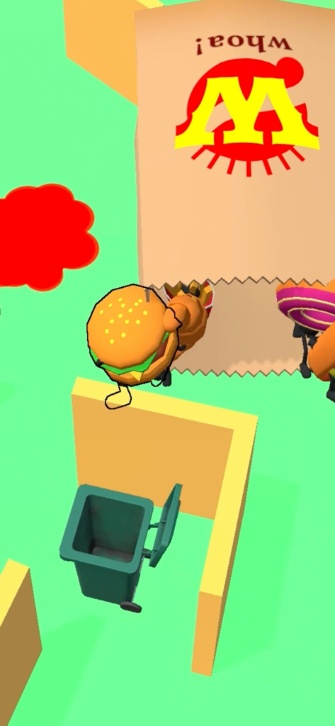 Um personagem 3D de hambúrguer a esconder-se atrás de um saco de papel num nível de jogo de esconde-esconde.