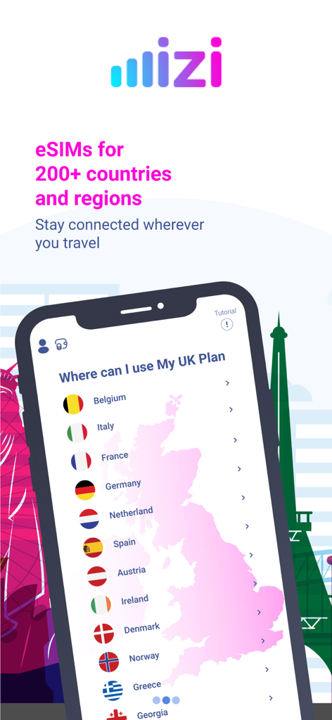 iZi connect - Tela de smartphone mostrando o aplicativo iZi connect listando países europeus para planos eSIM de viagem