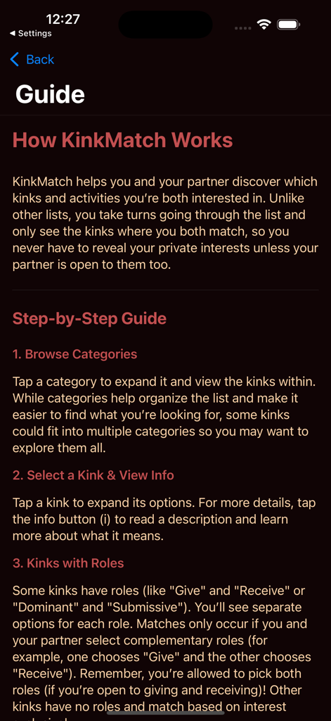 KinkMatch - A screenshot of the KinkMatch app guide explaining how the matching process works and providing a step-by-step guide for couples.