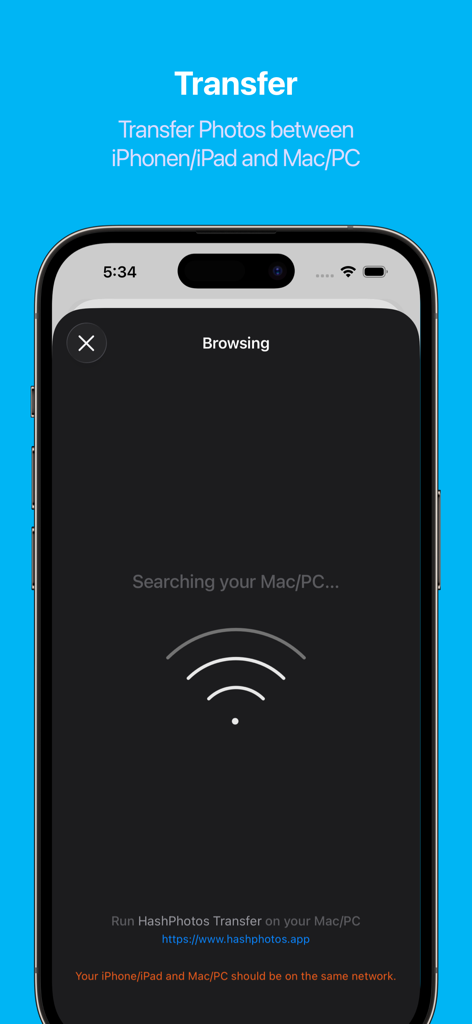 HashPhotos - HashPhotos app screen showing wireless photo transfer between iPhone and computer