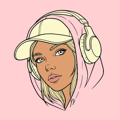 a cool girl face with cap and a hood over the cap with headphones