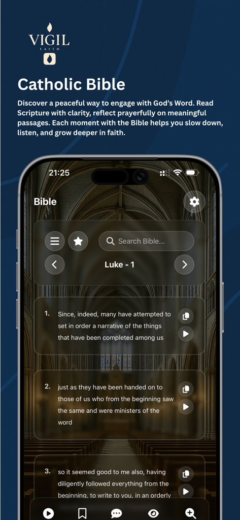 Vigil Faith - Catholic Bible - Bildschirm eines Smartphones, der die Bibelleserfunktion der Vigil Faith App mit Versen aus Lukas 1 anzeigt.
