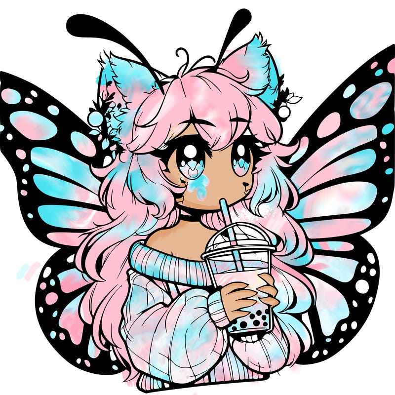 a realistic butterfly/furry girl drinking boba