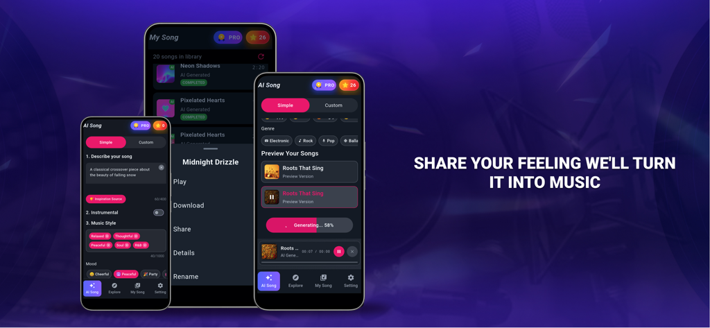 Interface of the 3B Music AI Song Generator app showing the music creation process and personal song library