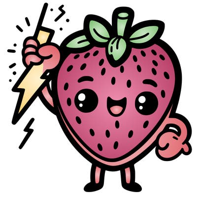 strawberry with face and holding lighting bolt