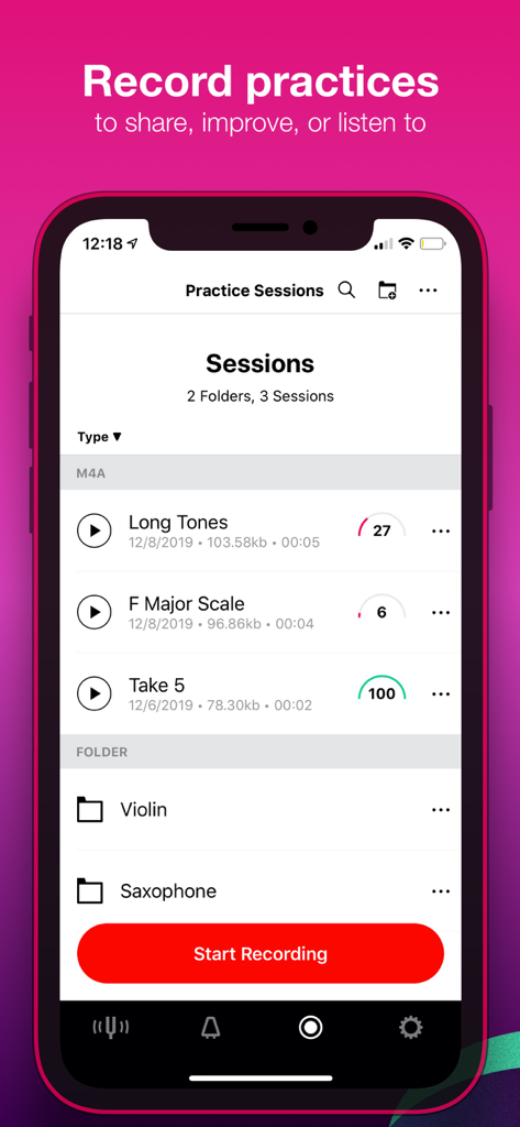 Tunable – Tuner & Metronome - Interface of Tunable app displaying music practice sessions and recording scores