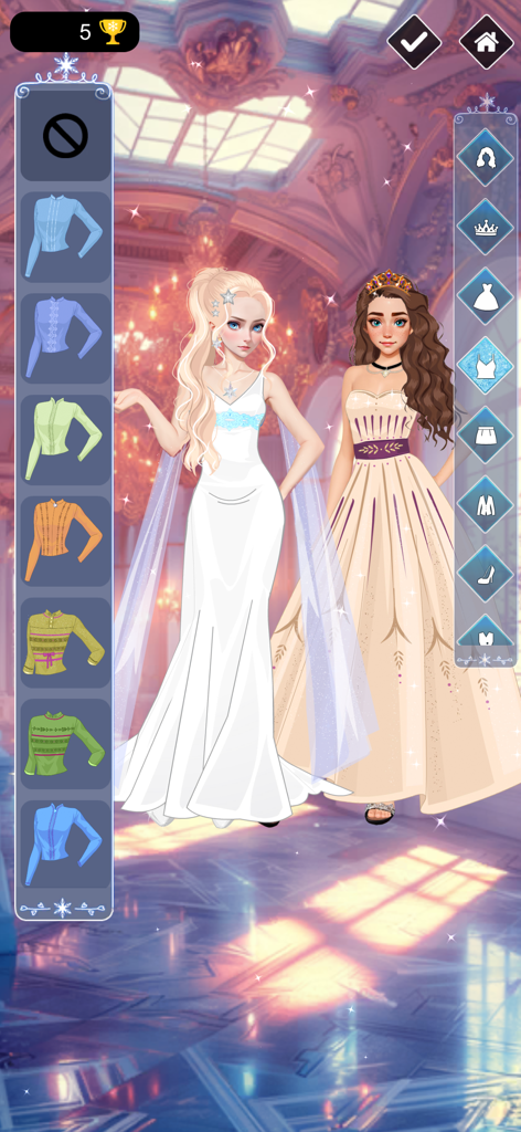 Ice & Fire Princess Dress Up - Two princesses in elegant dresses with an outfit selection sidebar in a palace ballroom