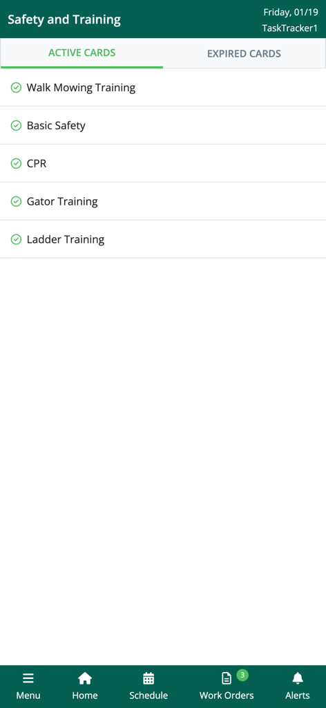 ASB Employee - The Safety and Training screen of the ASB Employee app displaying a list of active certification cards for groundskeeping staff.