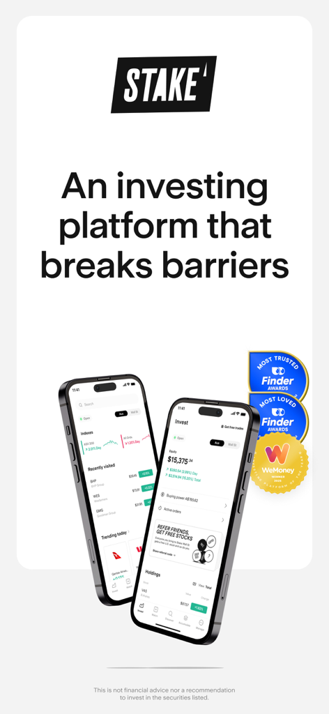 Stake – Stocks | ETFs | SMSF - Stake investing app on mobile phones showing stock portfolio and market performance with trust awards