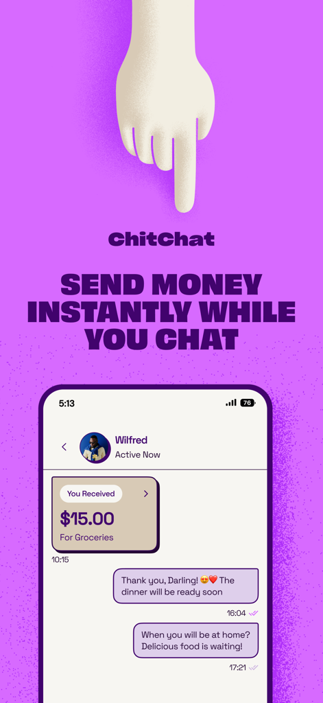 A phone screen displaying the ChitChat app chat interface where a user received fifteen dollars for groceries during a conversation.