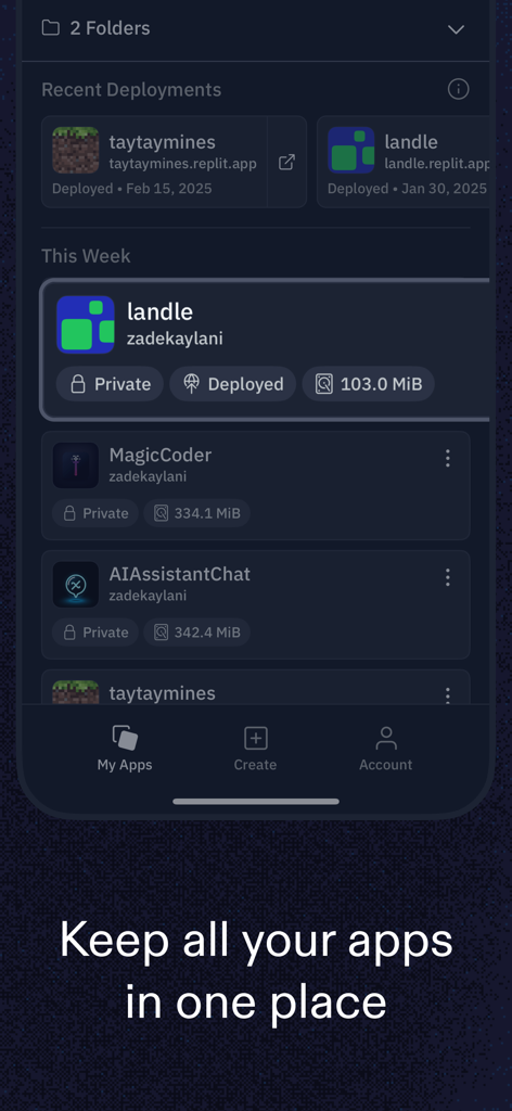 Tableau de bord de l'application mobile Replit montrant une liste de projets de codage créés par l'utilisateur avec le statut de déploiement