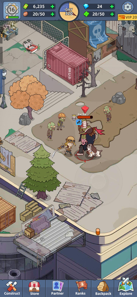 Mini Survival: Zombie Fight - A cartoon survivor and their pet dog fighting a giant zombie boss in an urban wasteland setting