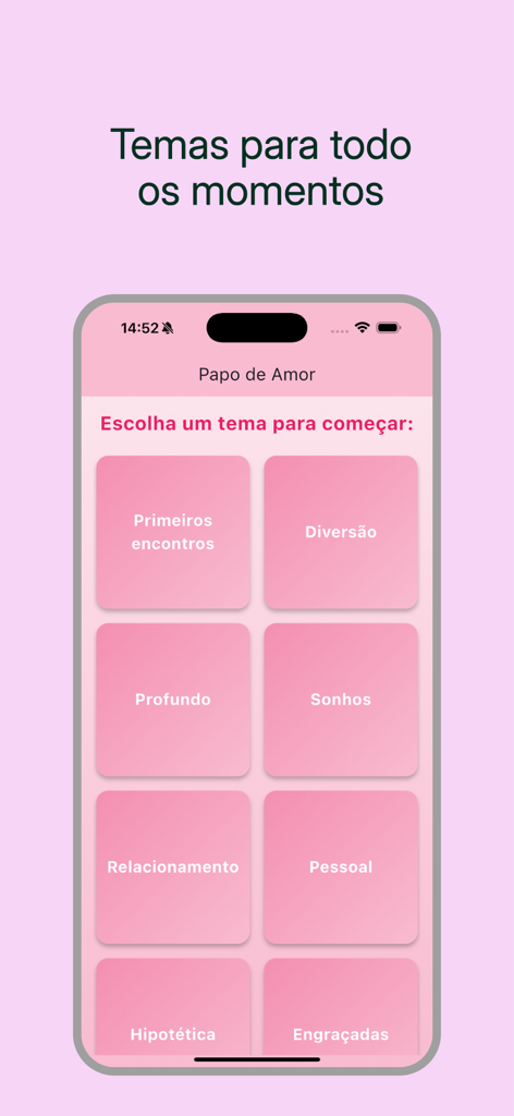 Papo de Amor : Quiz de Casal - Interface of the Papo de Amor app showing various conversation categories for couples on pink tiles