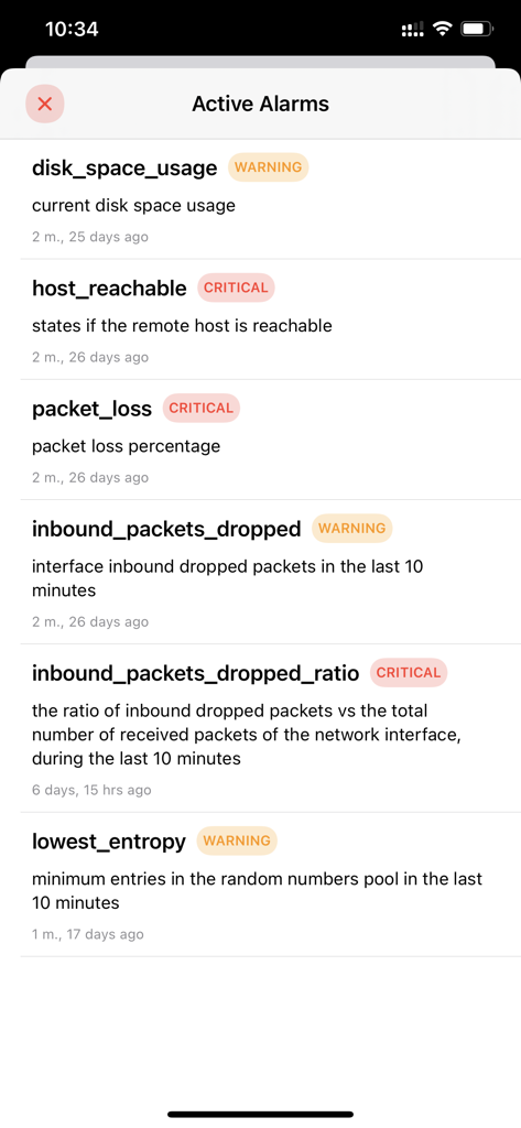 Display of active server alarms in the Netdata monitoring app