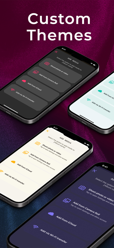 Cuatro iPhones mostrando diferentes opciones de temas de color para la interfaz de la aplicación xTracker