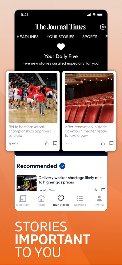 Smartphone screen showing the Journal Times app with personalized local news cards and navigation menu.