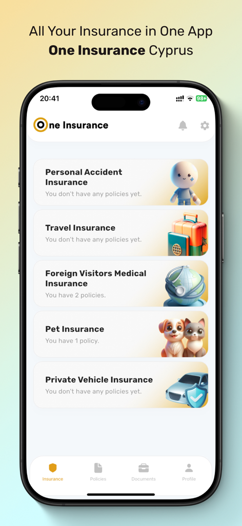 One Insurance Cyprus - Panel de la aplicación móvil One Insurance Cyprus mostrando opciones para seguros de accidentes personales, médicos de viaje, mascotas y vehículos