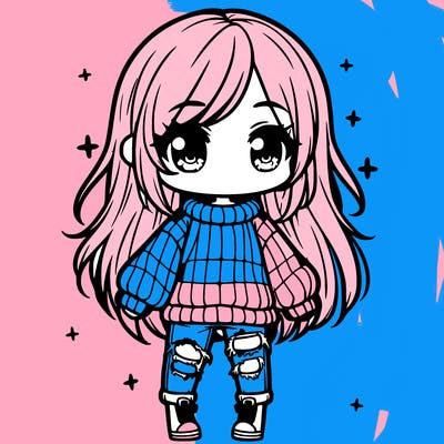 chibi girl with ripped jeans,long hair, and an oversized sweater