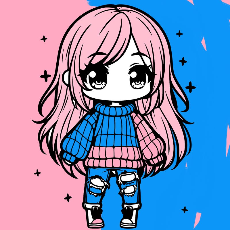 chibi girl with ripped jeans,long hair, and an oversized sweater