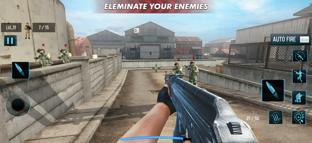 FPS Shooting Strike Game - First person shooter gameplay showing a commando aiming an assault rifle in an industrial combat zone