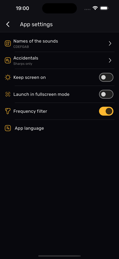 Settings menu of the XTuner PRO ukulele tuner app showing customization options like frequency filter and sound names