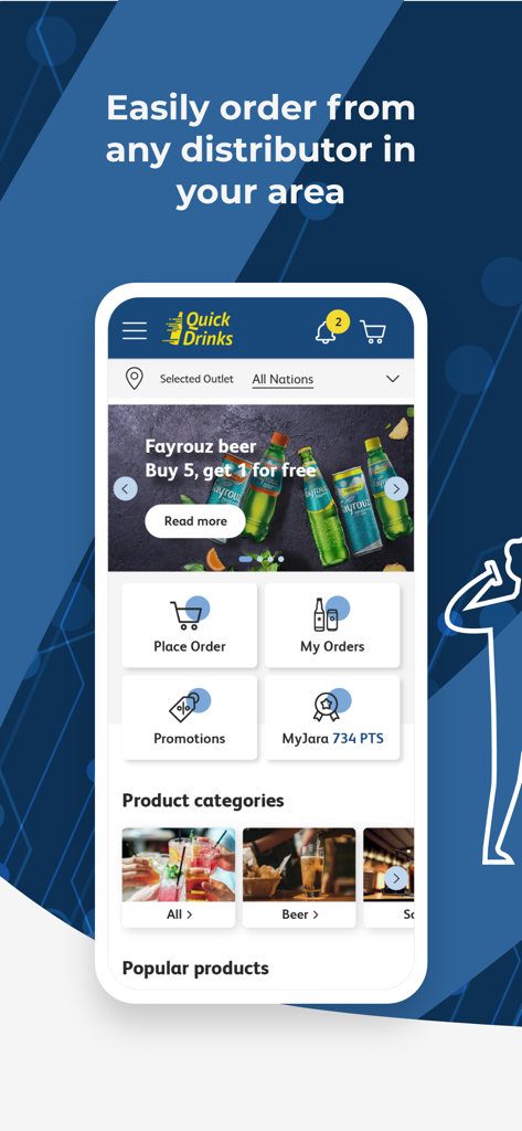 QuickDrinks NG - Home screen of the QuickDrinks NG app showing beverage categories and order management options